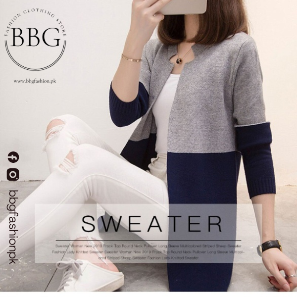 Blue Contrast Long Sleeve Fashion Cardigan Sweater