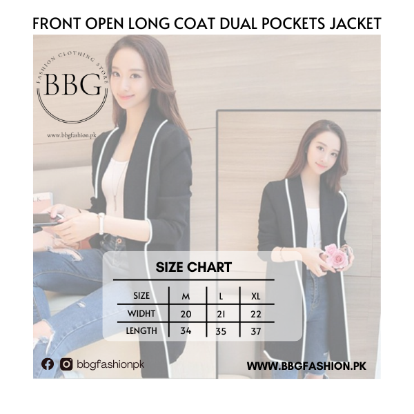 Grey Front Open Long Coat Dual Pockets Jacket
