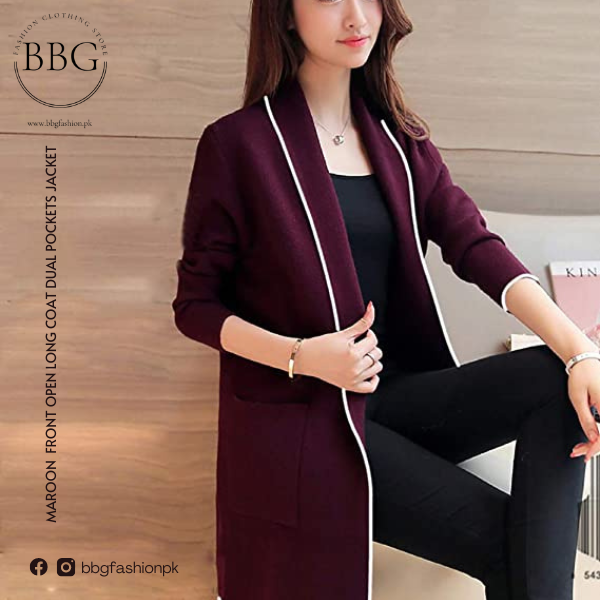Maroon long top coat womens