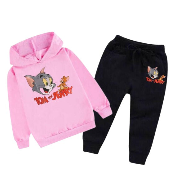 Pink Tom And Jerry Printed Kids Hoodie Set