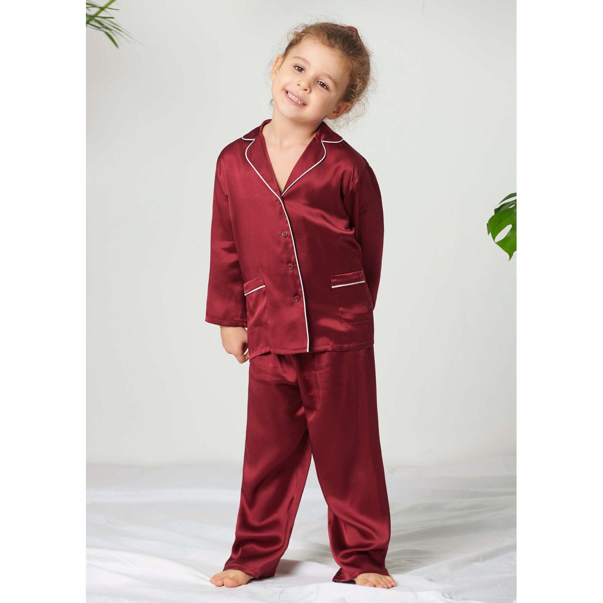 Maroon Kids Silk Pajamas Set