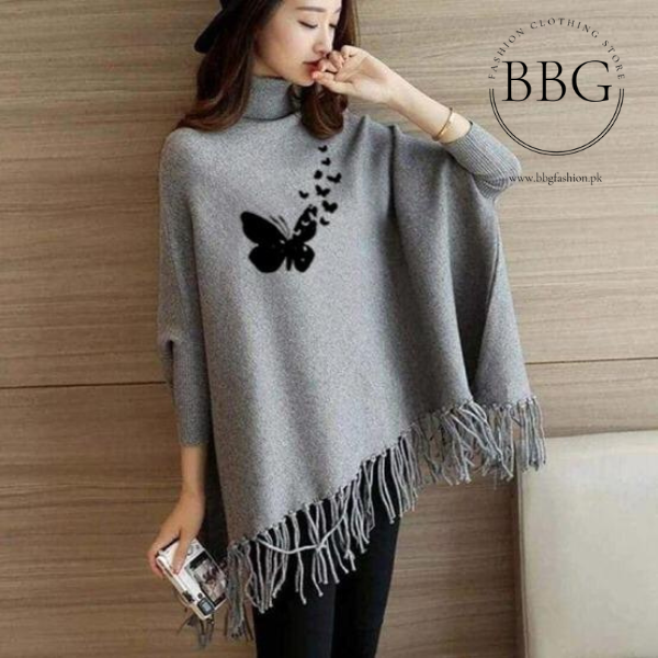 Grey Flying Butterfly Printed Poncho