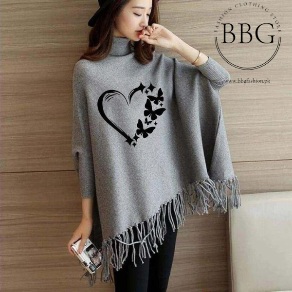 Grey Love Butterfly Printed Poncho